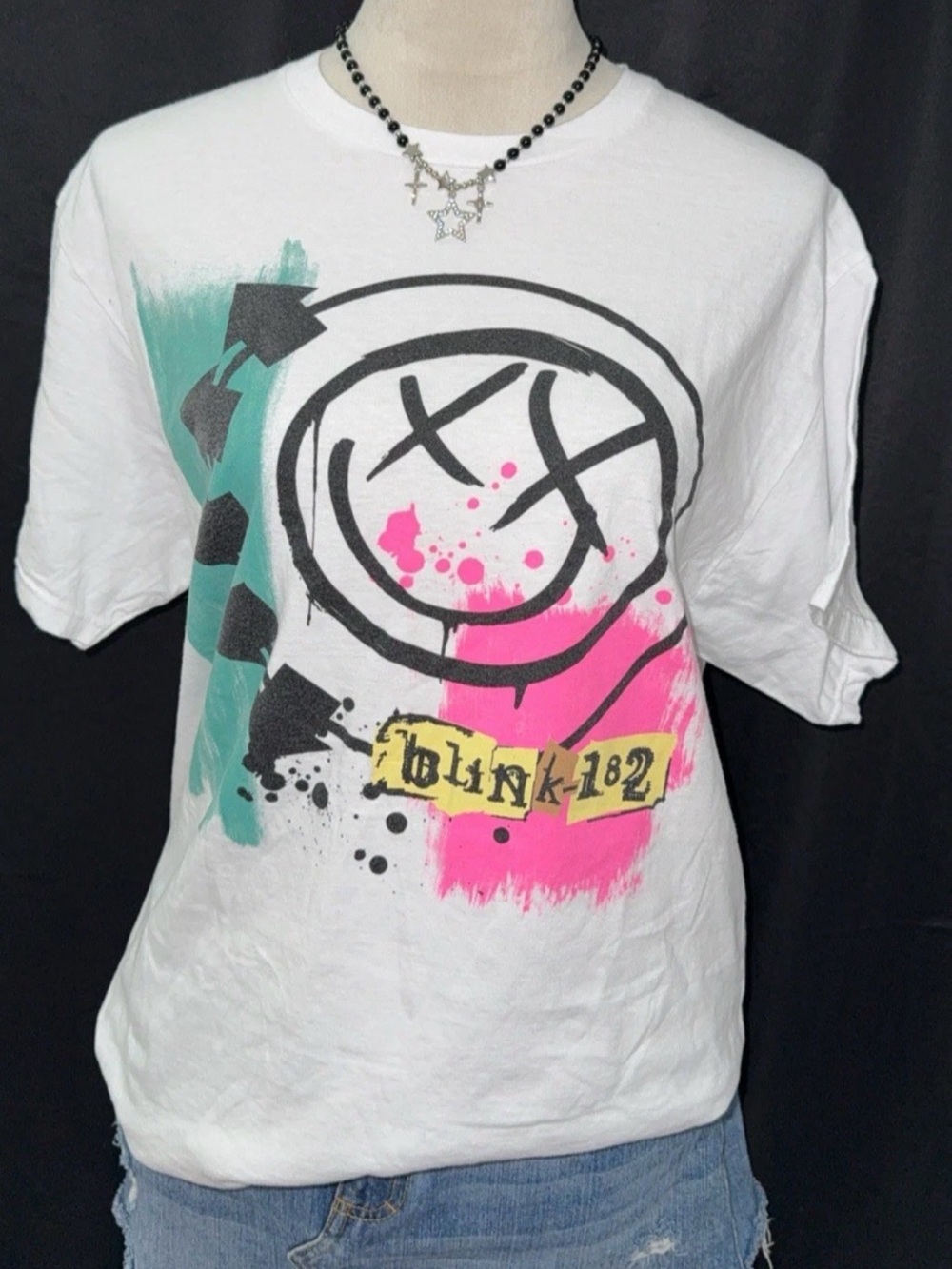 Blink-182 White Short Sleeve Graphic Tee with Pink & Teal Accents